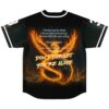 Flaming phoenix back view with “DON’T FORGET YOU’RE ALIVE” over a glowing city skyline