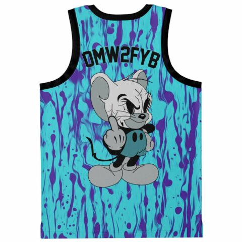 Teal-purple dripping abstract pattern with cartoon-style mouse graphic and “OMW2FYB” text, front view