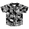 Black and gray camouflage pattern with white chest logos, front view on a white background