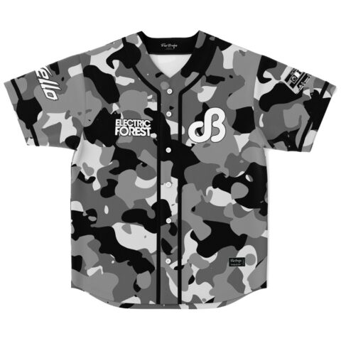 Black and gray camouflage pattern with white chest logos, front view on a white background
