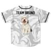 White marble swirl jersey back with “TEAM BRUNO” and fluffy dog artwork displayed flat