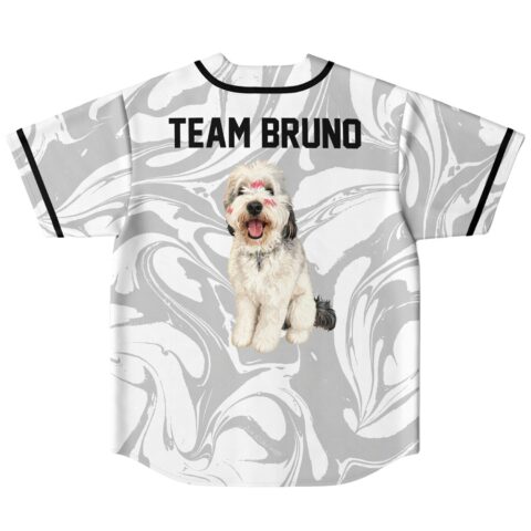 White marble swirl jersey back with “TEAM BRUNO” and fluffy dog artwork displayed flat