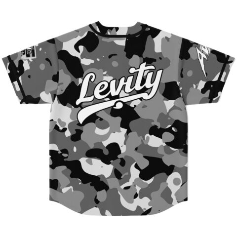 Black and gray camouflage pattern with oversized white script lettering, back view on a white
