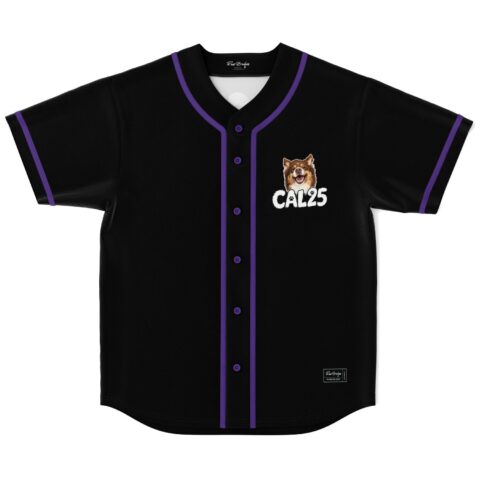 Black jersey with purple piping, brown dog graphic and CAL25 lettering, front view