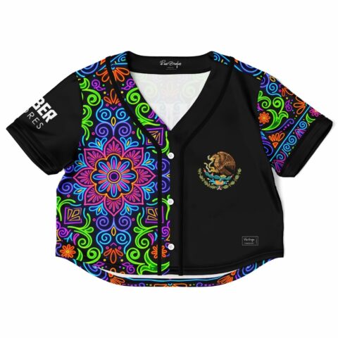 Front view cropped neon floral mandala jersey with Mexican eagle chest crest