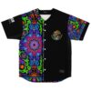 Neon talavera swirl jersey, front view, black panel, buttons, embroidered eagle emblem on white