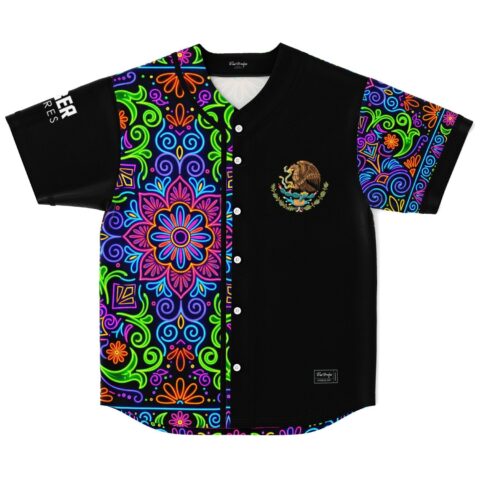 Neon talavera swirl jersey, front view, black panel, buttons, embroidered eagle emblem on white