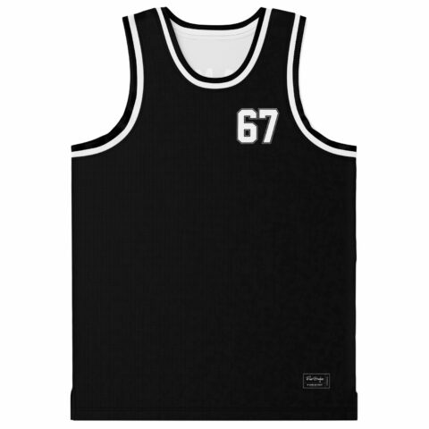 Solid black back view with white trim, small 67 number, and stitched hem label