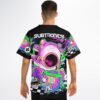 Subtronics text and glowing eyeball monster design on black rave baseball jersey, model back view