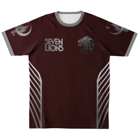 Seven Lions chest logo text and grey chevron side stripes on maroon soccer jersey, front
