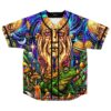 Surreal melting-face rave jersey with cosmic planets, mushrooms, frog, and black-trimmed button front