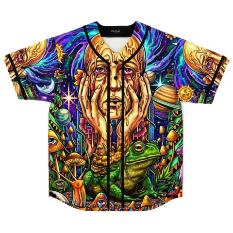 Surreal melting-face rave jersey with cosmic planets, mushrooms, frog, and black-trimmed button front