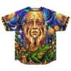 Melting-face cosmic fantasy jersey front view featuring planets, mushrooms, frog, and vivid purple starfields
