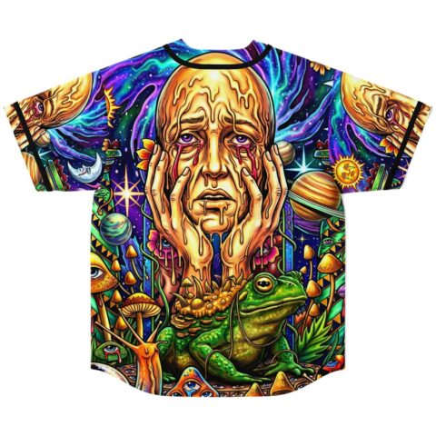 Melting-face cosmic fantasy jersey front view featuring planets, mushrooms, frog, and vivid purple starfields