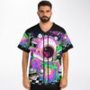 Black Subtronics fan rave baseball jersey with psychedelic eyeball creature and neon green slime, on model