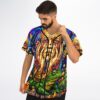 Front view shows the surreal melting face, cosmic stars, frog, and colorful mushroom details