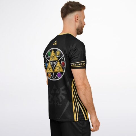 Gold striped sleeve and triforce circle emblem on black soccer jersey, side view