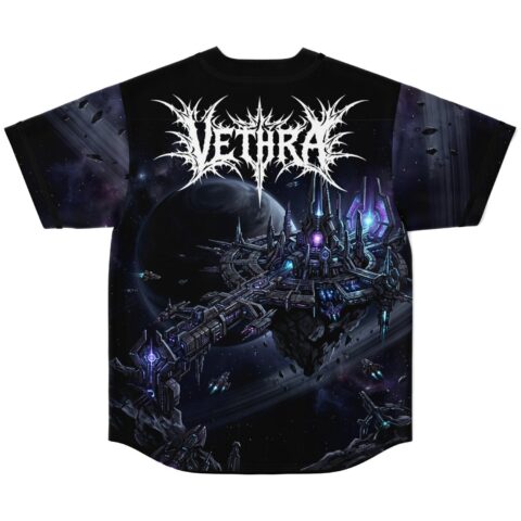 Deep space sci-fi jersey back with VETHRA text and glowing futuristic space station, displayed flat