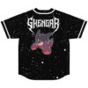 Black starry night jersey back shows jagged white lettering and purple creature, flat lay view