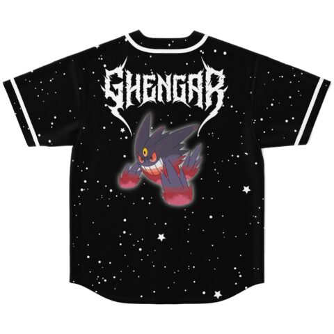Black starry night jersey back shows jagged white lettering and purple creature, flat lay view