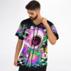 Collar and button placket detail over the eyeball monster print on the Subtronics fan rave baseball jersey, close-up side view