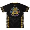 Gold three-triangle medallion in an elemental crest circle on black rave soccer jersey, back
