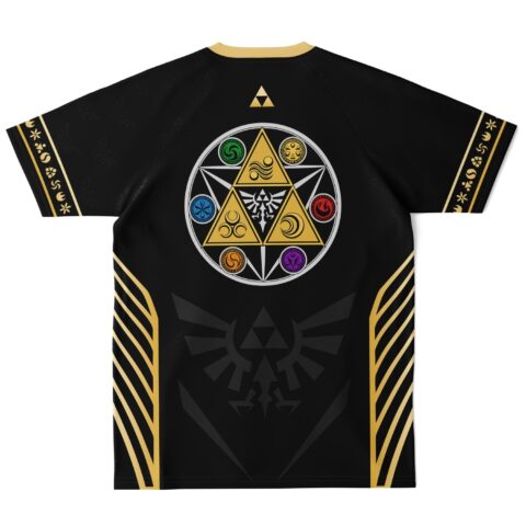 Golden triforce medallion with elemental crest circle on black game-inspired soccer jersey, back