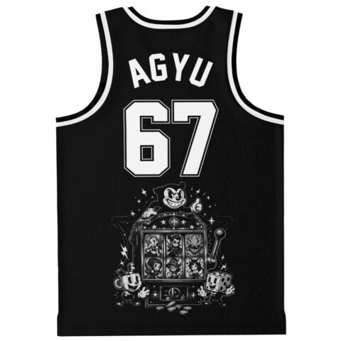 Retro cartoon slot-machine graphic with “AGYU” and 67 on a black basketball jersey, front view