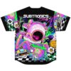 Subtronics text above pink eyeball monster and a second logo on black rave baseball jersey, back view