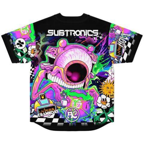 SUBTRONICS text above pink eyeball monster and CRANKOAT logo on black jersey, back view