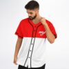 Red-and-white color-block baseball jersey, black piping, white script chest mark, modeled front view