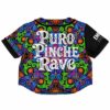Neon mandala rave cropped baseball jersey back view with Puro Pinche text on black