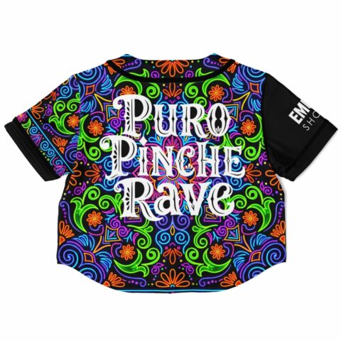 Back view neon mandala rave jersey with Puro Pinche text on black base