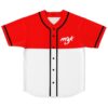 Red-and-white color-block baseball jersey, black piping, white script chest mark, front view