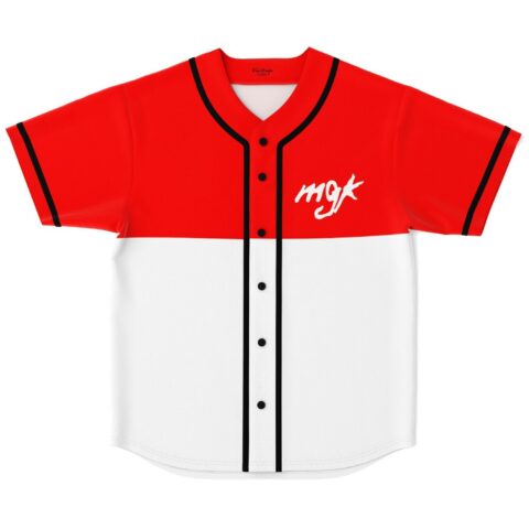 Red-and-white color-block baseball jersey, black piping, white script chest mark, front view
