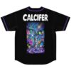 Cartoon-style fantasy festival collage with colorful lasers on black jersey, back view
