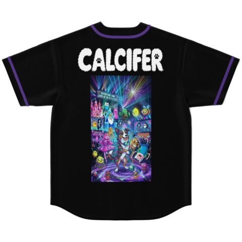 Cartoon-style fantasy festival collage with colorful lasers on black jersey, back view