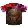 Aztec calendar medallion with stone temple and lightning sky, back view of rave jersey