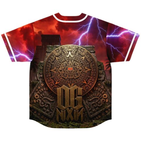 Aztec calendar medallion with stone temple and lightning sky, back view of rave jersey