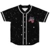 Black starry night jersey front features a purple grinning creature, flat lay product view