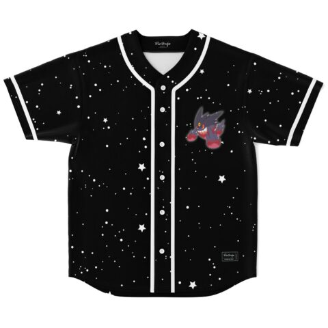 Black starry night jersey front features a purple grinning creature, flat lay product view