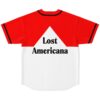 Red-and-white color-block baseball jersey with white triangle and “Lost Americana” text, back view