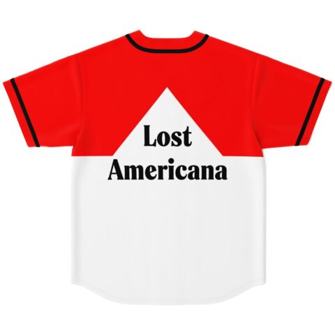 Red-and-white color-block baseball jersey with white triangle and “Lost Americana” text, back view