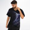Space jersey front with purple planet and VETHRA chest text, modeled in a white studio