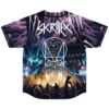 Purple lightning festival-stage pattern with bold white lettering and geometric emblem, flat-lay back view