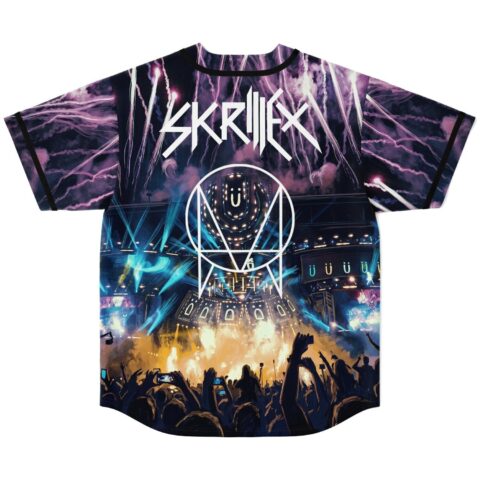 Purple lightning festival-stage pattern with bold white lettering and geometric emblem, flat-lay back view