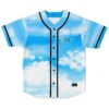 Blue sky cloud print with black piping and button front, front view for festivals
