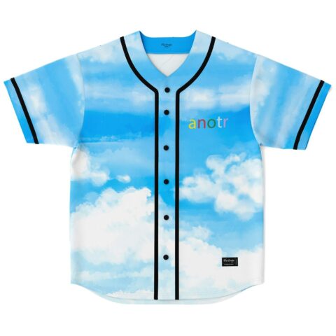 Blue sky cloud print with black piping and button front, front view for festivals