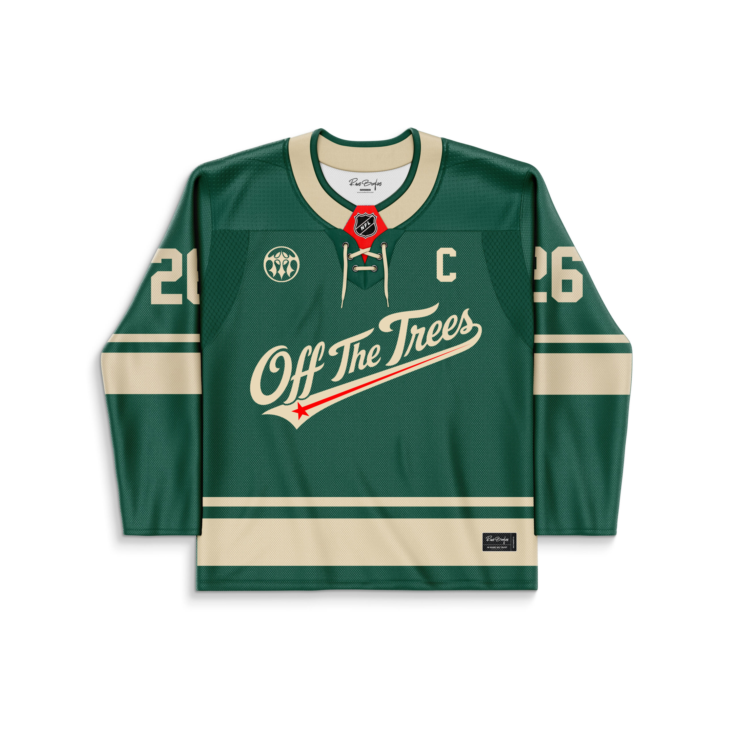 Forest green vintage-style rave hockey jersey, flat front view