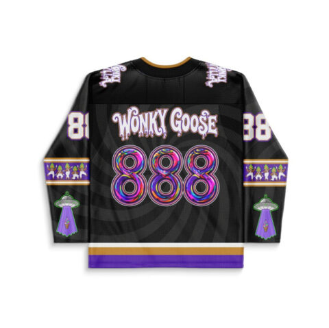 Black cosmic psychedelic jersey back with “WONKY GOOSE,” colorful 888 numerals, and swirling pattern